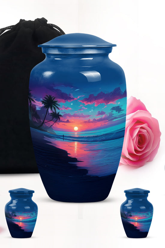 Powder Blue Beach Cremation Urn top-down view of secure threaded lid - timeless beach motif etched into premium metal - memorial set with one large and four small urns