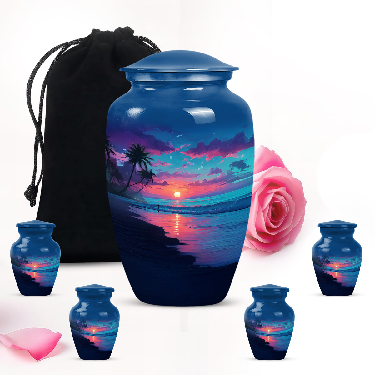 Powder Blue Beach Cremation Urn top-down view of secure threaded lid - timeless beach motif etched into premium metal - memorial set with one large and four small urns
