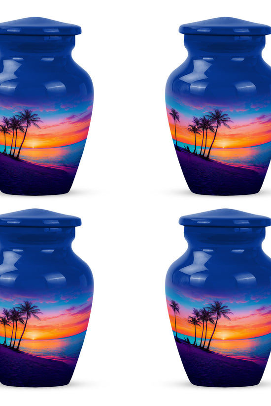 Vivid Blue Beach Cremation Urn side profile showing urn shape - elegant classic beach relief with fine detailing - 10 inch aluminum urn for cremated remains