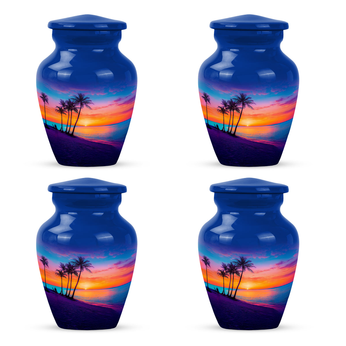 Vivid Blue Beach Cremation Urn side profile showing urn shape - elegant classic beach relief with fine detailing - 10 inch aluminum urn for cremated remains