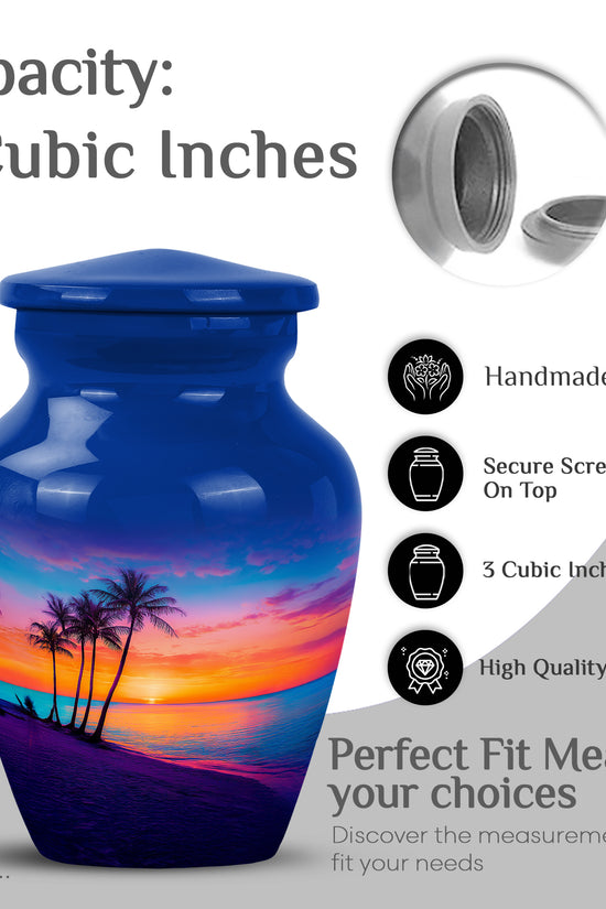 Sky Blue Beach Cremation Urn close-up of engraving and surface detail - classic sculpted beach pattern on smooth aluminum - mini keepsake memorial for portion of cremation ashes