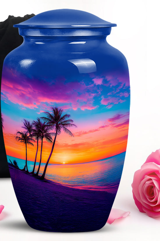 Azure Beach Cremation Urn angled view of lid and engraved motif - timeless beach motif etched into premium metal - full-size 10 inch 200 cubic inch adult cremation urn