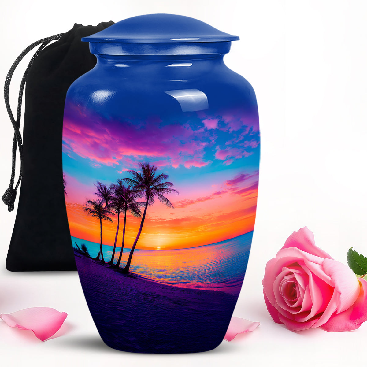Azure Beach Cremation Urn angled view of lid and engraved motif - timeless beach motif etched into premium metal - full-size 10 inch 200 cubic inch adult cremation urn