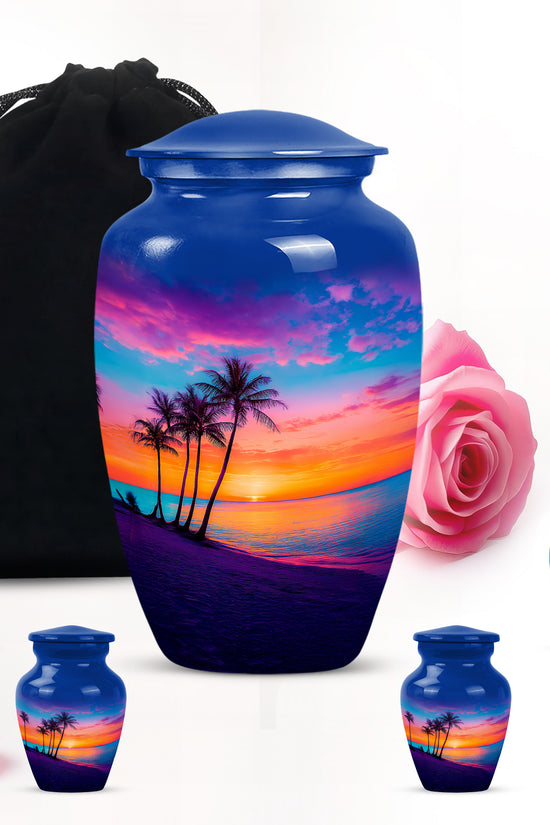 Steel Blue Beach Cremation Urn top-down view of secure threaded lid - traditional beach engraving with hand-polished finish - memorial set with one large and four small urns