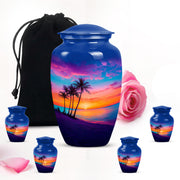 Steel Blue Beach Cremation Urn top-down view of secure threaded lid - traditional beach engraving with hand-polished finish - memorial set with one large and four small urns