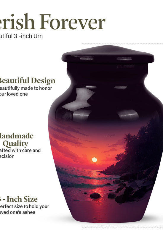 Peony Pink Beach Cremation Urn close-up of engraving and surface detail - timeless beach motif etched into premium metal - mini keepsake memorial for portion of cremation ashes