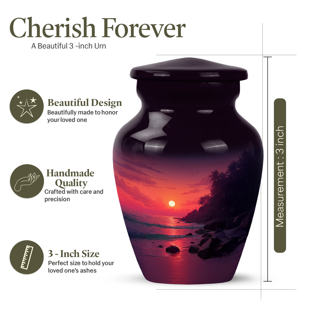Peony Pink Beach Cremation Urn close-up of engraving and surface detail - timeless beach motif etched into premium metal - mini keepsake memorial for portion of cremation ashes