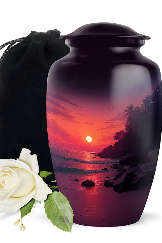 Blush Pink Beach Cremation Urn angled view of lid and engraved motif - timeless beach motif etched into premium metal - full-size 10 inch 200 cubic inch adult cremation urn