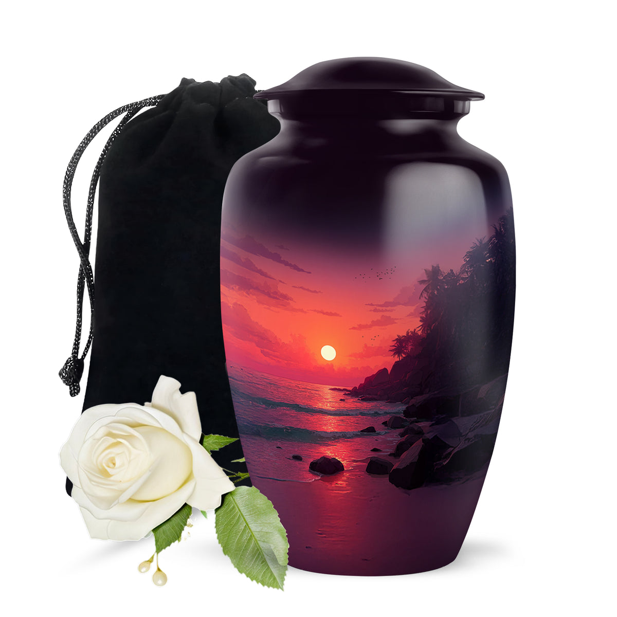 Blush Pink Beach Cremation Urn angled view of lid and engraved motif - timeless beach motif etched into premium metal - full-size 10 inch 200 cubic inch adult cremation urn