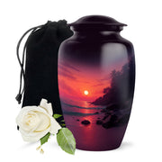 Blush Pink Beach Cremation Urn angled view of lid and engraved motif - timeless beach motif etched into premium metal - full-size 10 inch 200 cubic inch adult cremation urn