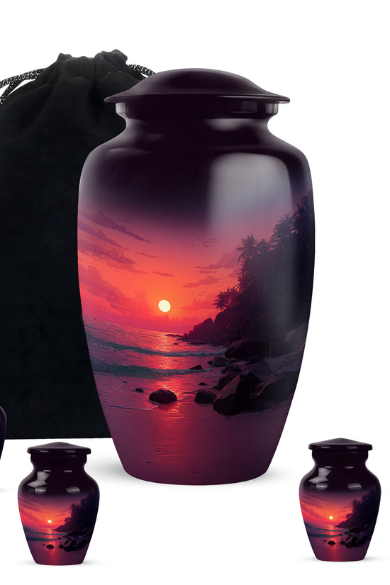 Blush Pink Beach Cremation Urn top-down view of secure threaded lid - timeless beach motif etched into premium metal - memorial set with one large and four small urns