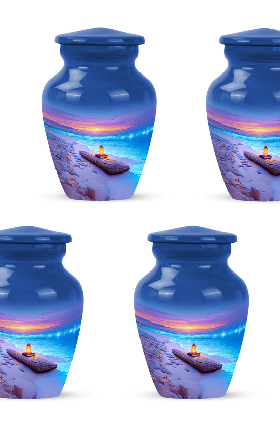 Bright Blue Beach Cremation Urn side profile showing urn shape - traditional beach engraving with hand-polished finish - 10 inch aluminum urn for cremated remains