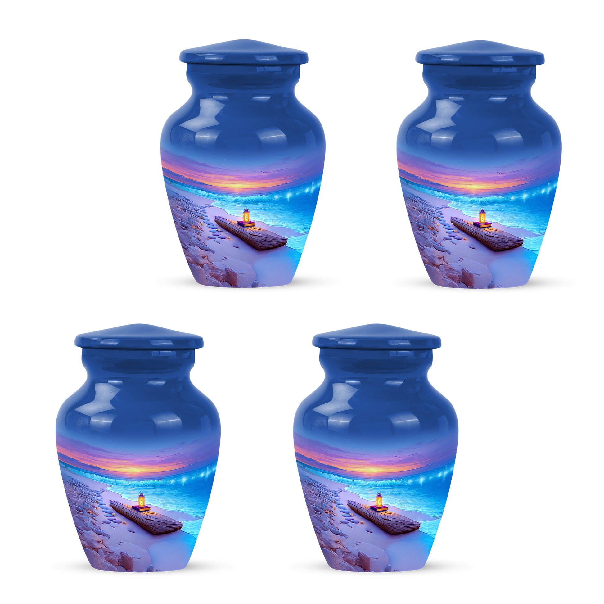 Bright Blue Beach Cremation Urn side profile showing urn shape - traditional beach engraving with hand-polished finish - 10 inch aluminum urn for cremated remains