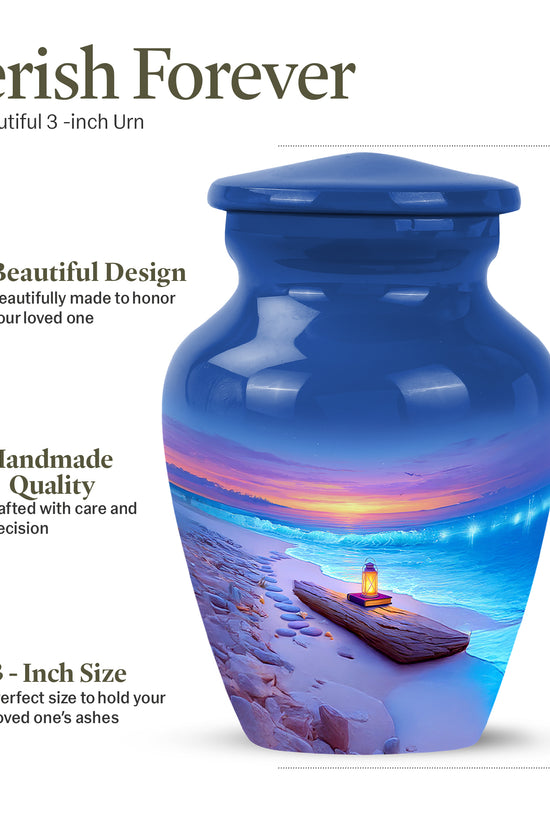 Azure Beach Cremation Urn close-up of engraving and surface detail - classic sculpted beach pattern on smooth aluminum - mini keepsake memorial for portion of cremation ashes