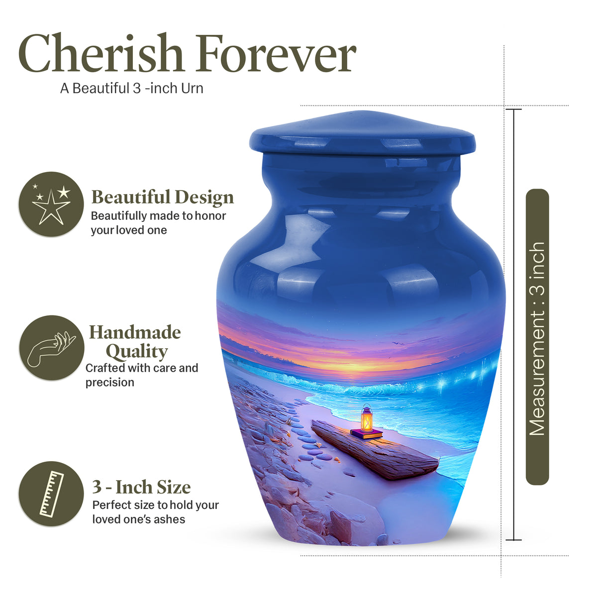 Azure Beach Cremation Urn close-up of engraving and surface detail - classic sculpted beach pattern on smooth aluminum - mini keepsake memorial for portion of cremation ashes