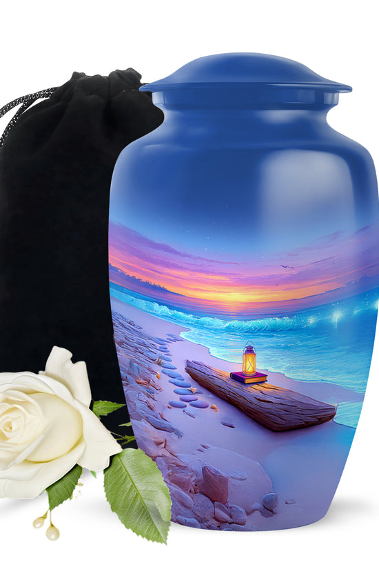 Slate Blue Beach Cremation Urn angled view of lid and engraved motif - timeless beach motif etched into premium metal - full-size 10 inch 200 cubic inch adult cremation urn