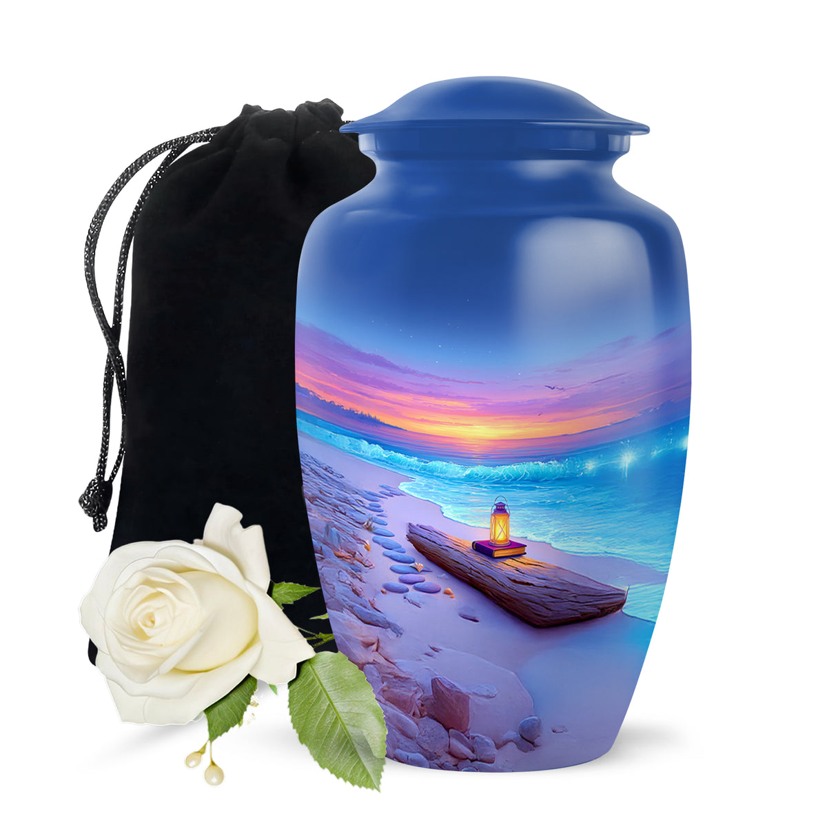 Slate Blue Beach Cremation Urn angled view of lid and engraved motif - timeless beach motif etched into premium metal - full-size 10 inch 200 cubic inch adult cremation urn