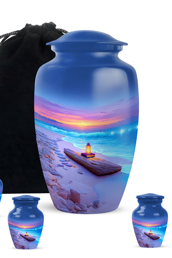 Cobalt Blue Beach Cremation Urn top-down view of secure threaded lid - traditional beach engraving with hand-polished finish - memorial set with one large and four small urns