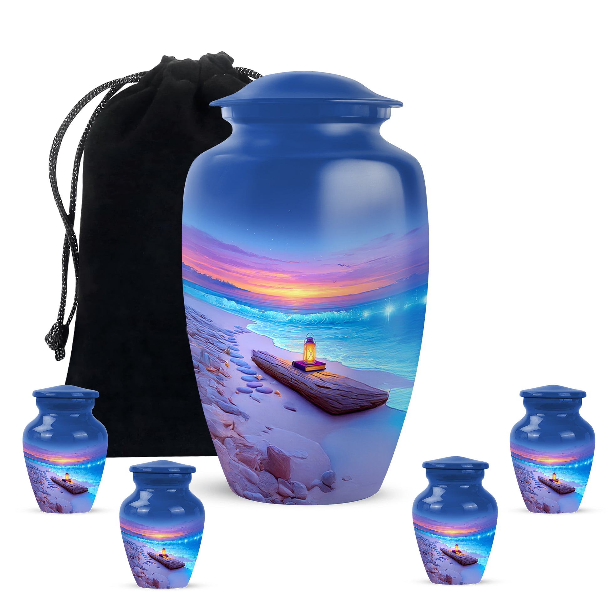 Cobalt Blue Beach Cremation Urn top-down view of secure threaded lid - traditional beach engraving with hand-polished finish - memorial set with one large and four small urns