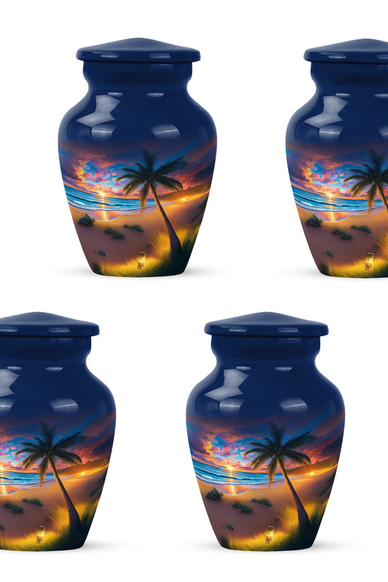 Royal Blue Beach Cremation Urn side profile showing urn shape - traditional beach engraving with hand-polished finish - 10 inch aluminum urn for cremated remains