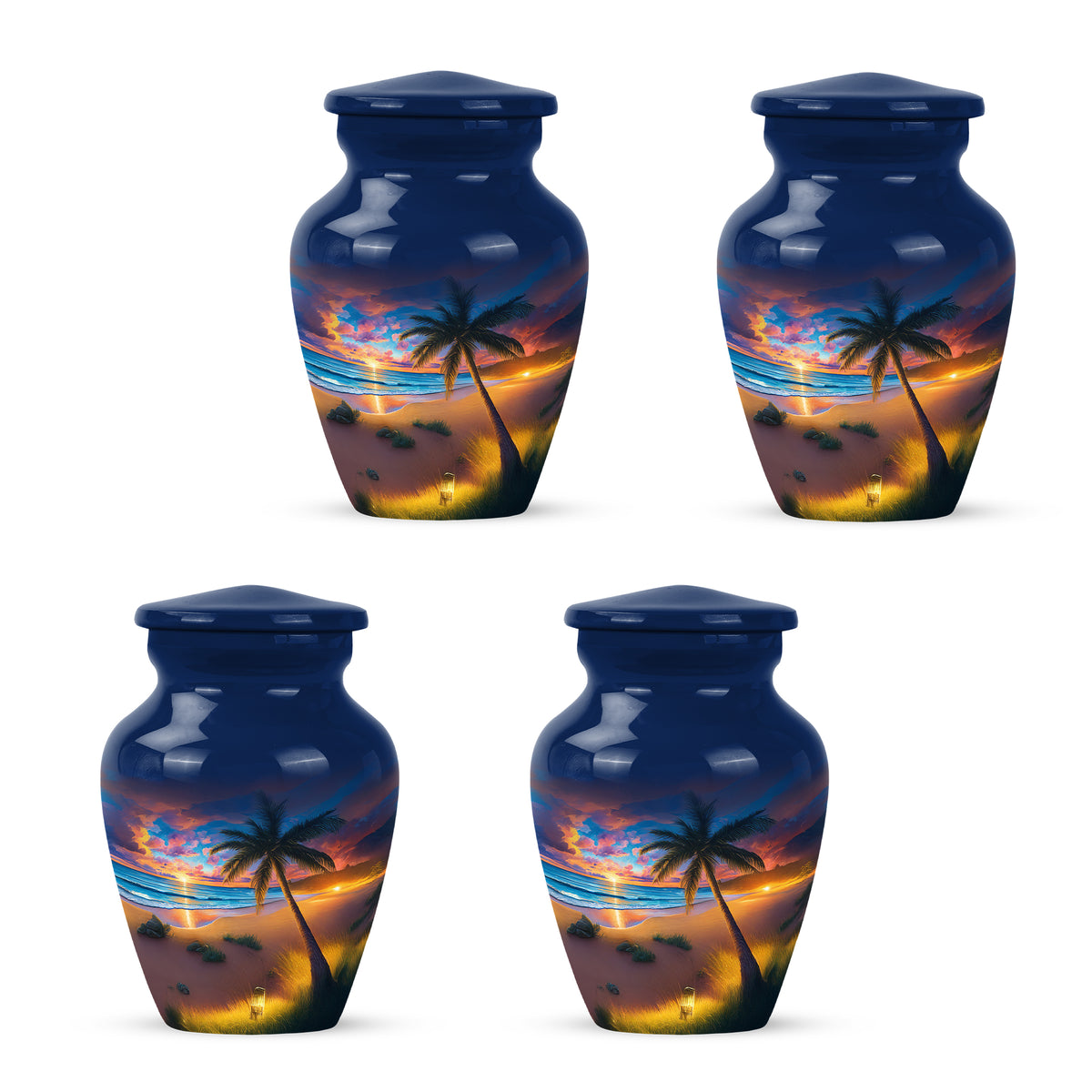 Royal Blue Beach Cremation Urn side profile showing urn shape - traditional beach engraving with hand-polished finish - 10 inch aluminum urn for cremated remains