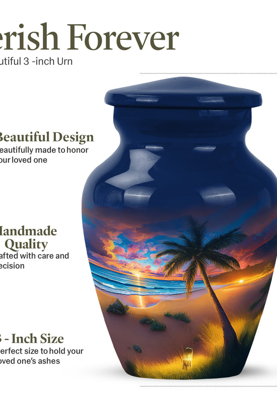 Steel Blue Beach Cremation Urn close-up of engraving and surface detail - elegant classic beach relief with fine detailing - mini keepsake memorial for portion of cremation ashes