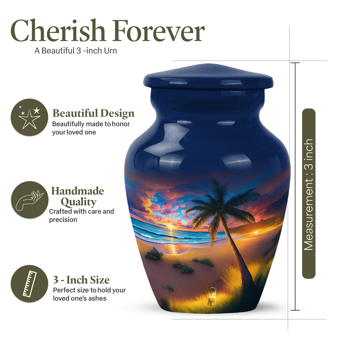Steel Blue Beach Cremation Urn close-up of engraving and surface detail - elegant classic beach relief with fine detailing - mini keepsake memorial for portion of cremation ashes
