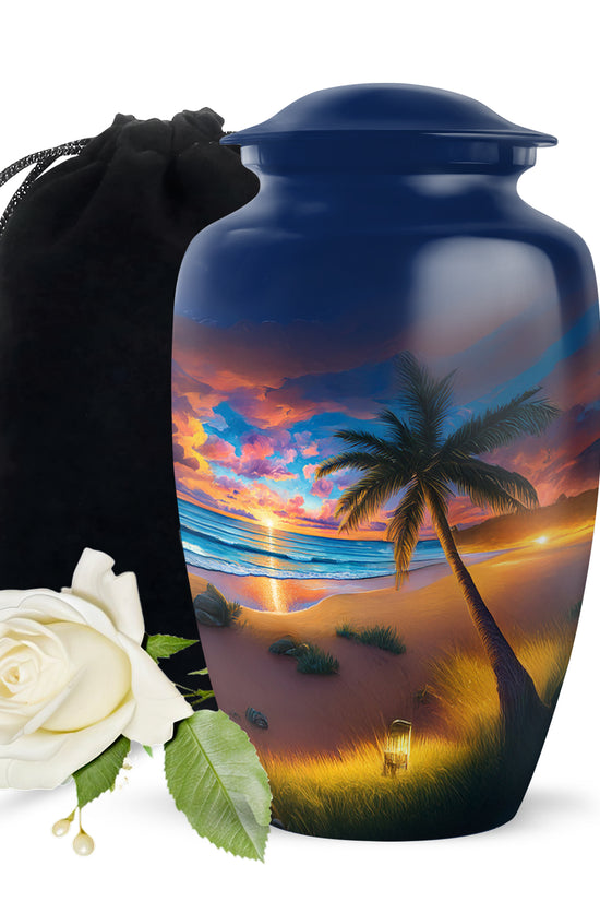 Pastel Blue Beach Cremation Urn angled view of lid and engraved motif - timeless beach motif etched into premium metal - full-size 10 inch 200 cubic inch adult cremation urn