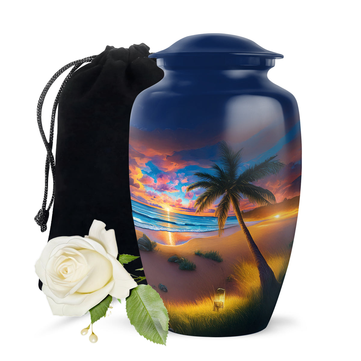 Pastel Blue Beach Cremation Urn angled view of lid and engraved motif - timeless beach motif etched into premium metal - full-size 10 inch 200 cubic inch adult cremation urn
