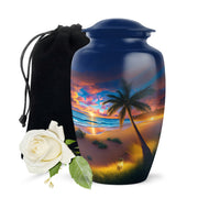 Pastel Blue Beach Cremation Urn angled view of lid and engraved motif - timeless beach motif etched into premium metal - full-size 10 inch 200 cubic inch adult cremation urn