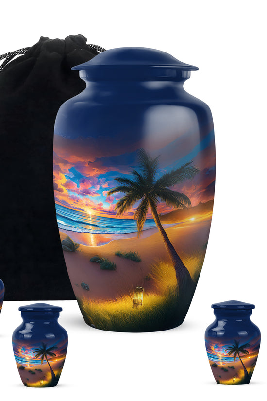 Navy Blue Beach Cremation Urn top-down view of secure threaded lid - timeless beach motif etched into premium metal - memorial set with one large and four small urns