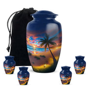 Navy Blue Beach Cremation Urn top-down view of secure threaded lid - timeless beach motif etched into premium metal - memorial set with one large and four small urns