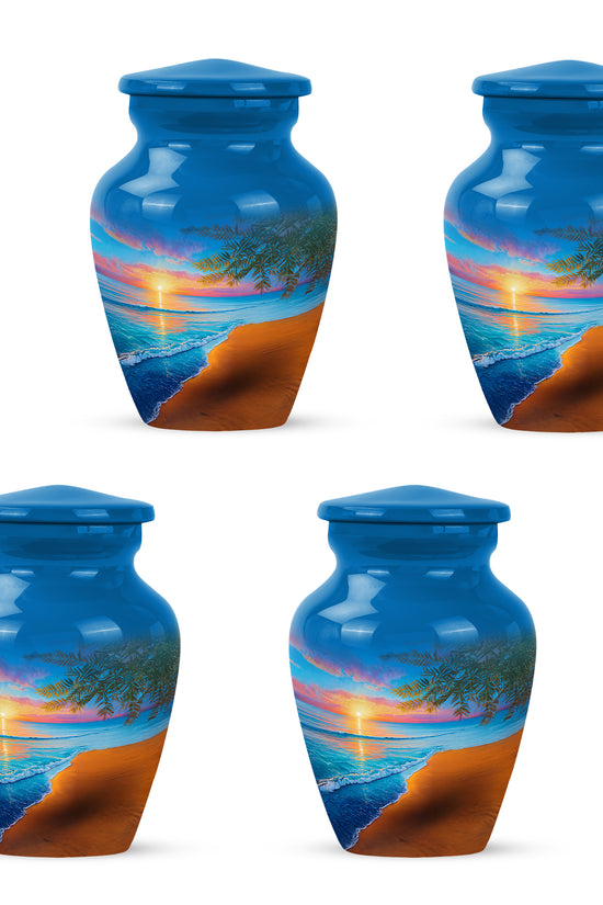 Bright Blue Beach Cremation Urn side profile showing urn shape - traditional beach engraving with hand-polished finish - 10 inch aluminum urn for cremated remains
