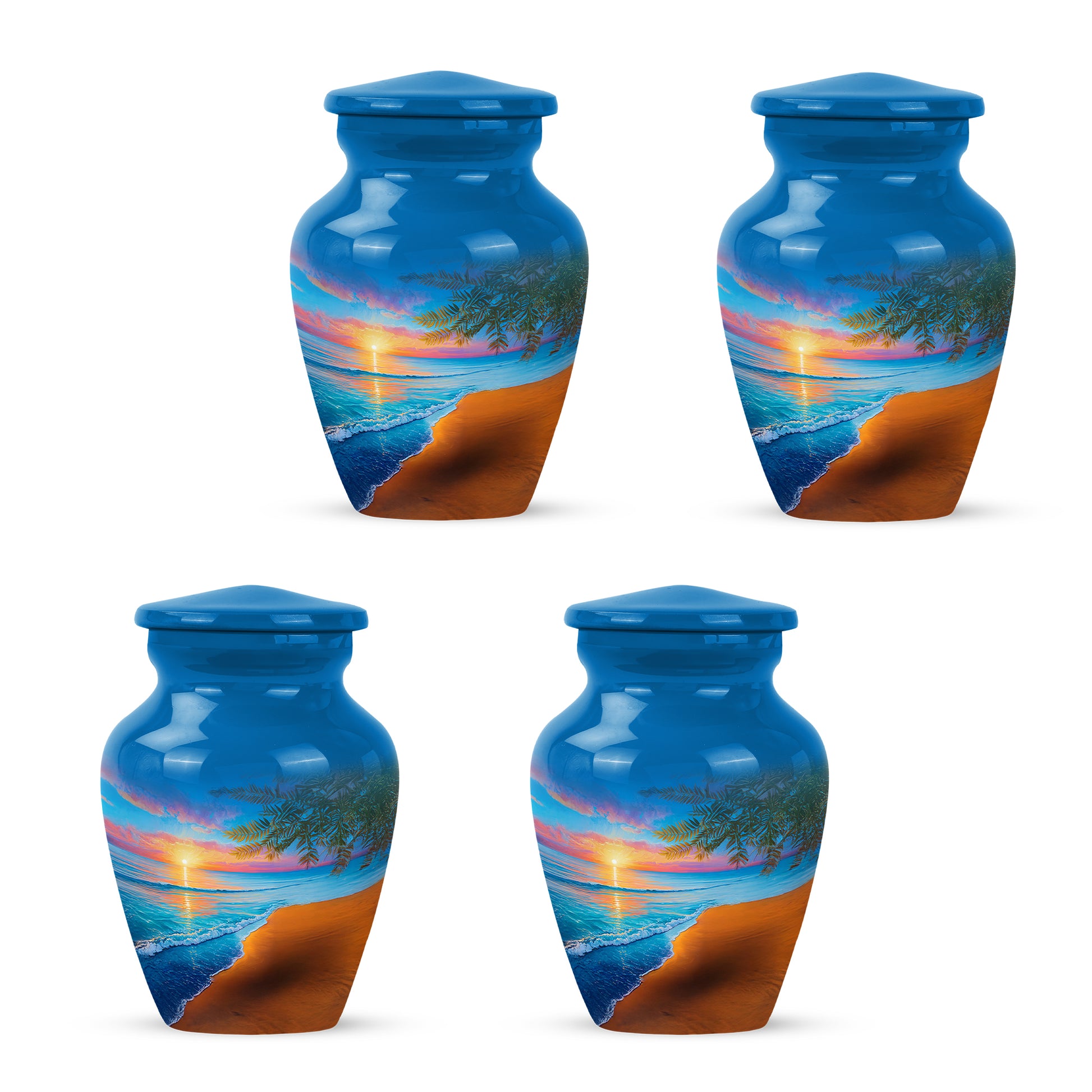 Bright Blue Beach Cremation Urn side profile showing urn shape - traditional beach engraving with hand-polished finish - 10 inch aluminum urn for cremated remains