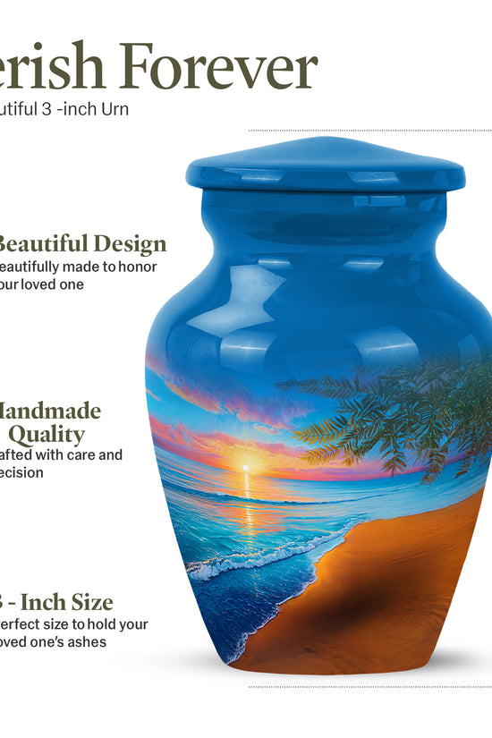 Calming Blue Beach Cremation Urn close-up of engraving and surface detail - elegant classic beach relief with fine detailing - mini keepsake memorial for portion of cremation ashes