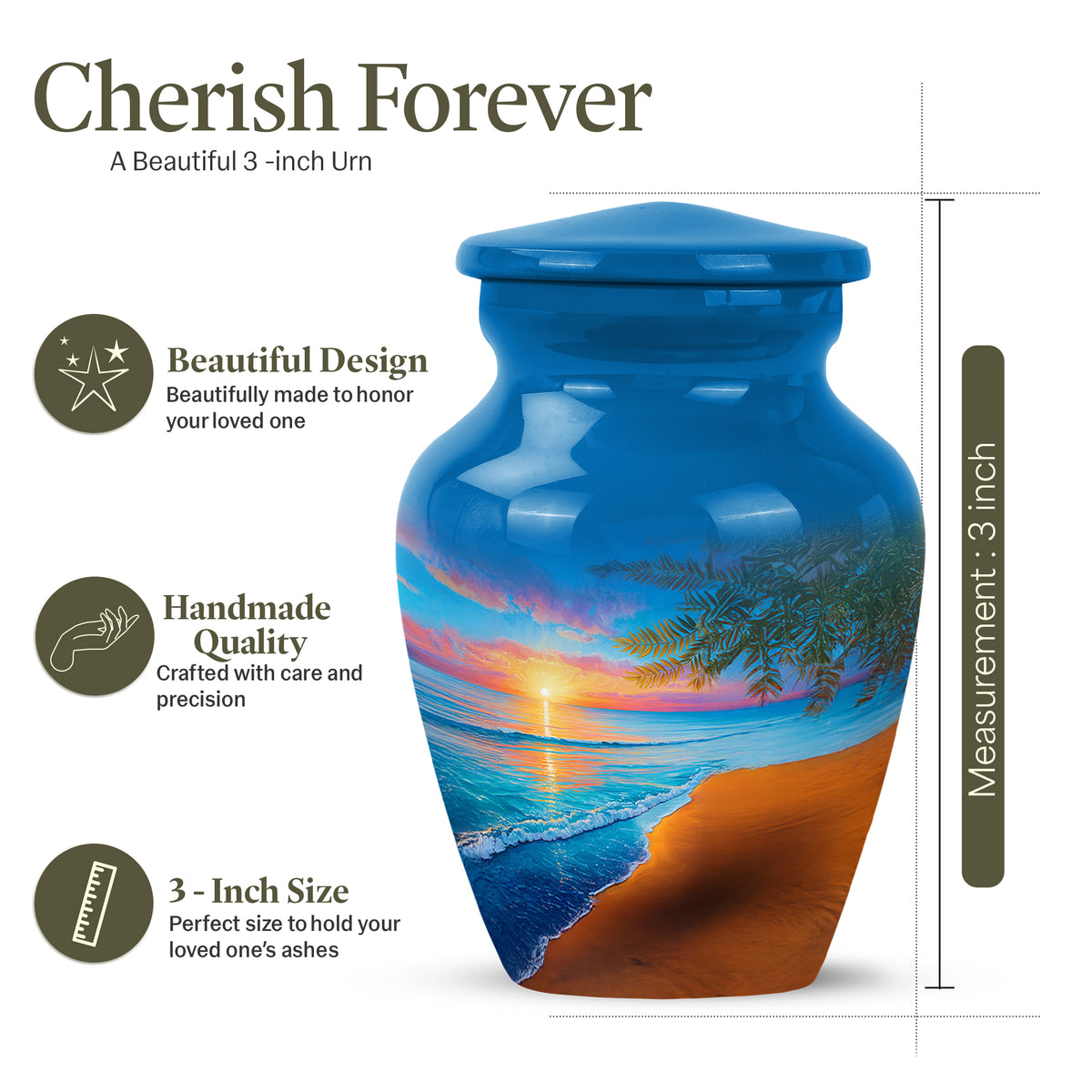 Calming Blue Beach Cremation Urn close-up of engraving and surface detail - elegant classic beach relief with fine detailing - mini keepsake memorial for portion of cremation ashes