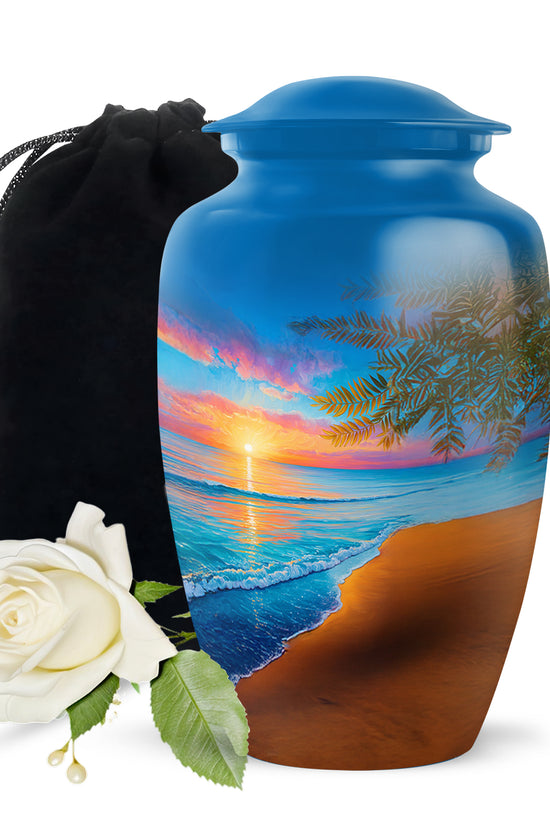 Indigo Beach Cremation Urn angled view of lid and engraved motif - classic sculpted beach pattern on smooth aluminum - full-size 10 inch 200 cubic inch adult cremation urn