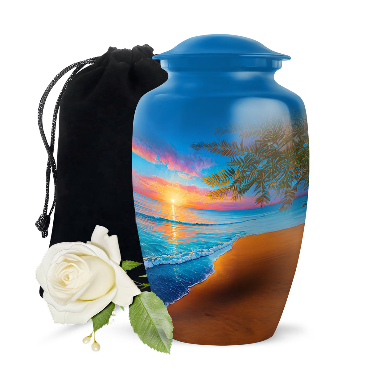 Indigo Beach Cremation Urn angled view of lid and engraved motif - classic sculpted beach pattern on smooth aluminum - full-size 10 inch 200 cubic inch adult cremation urn