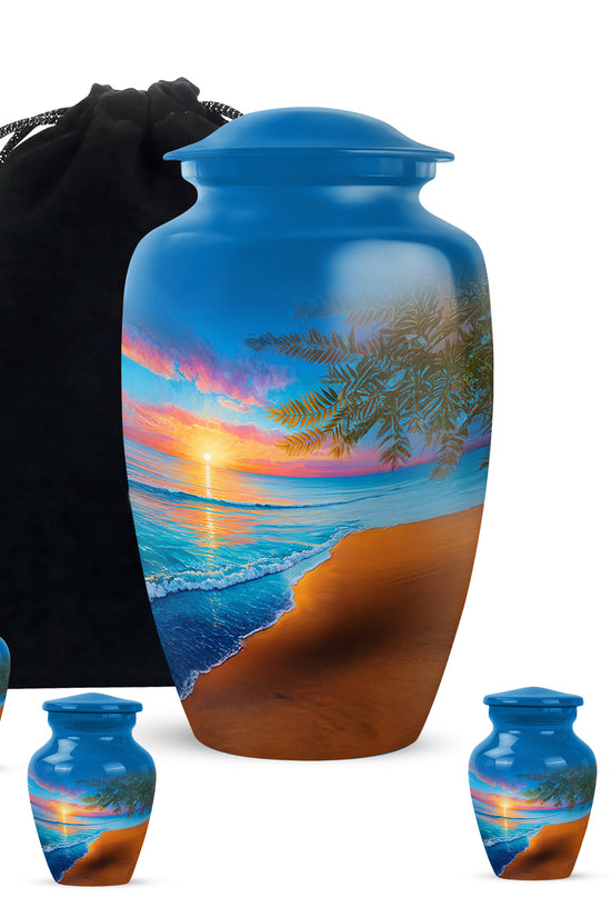 Soft Blue Beach Cremation Urn top-down view of secure threaded lid - elegant classic beach relief with fine detailing - memorial set with one large and four small urns