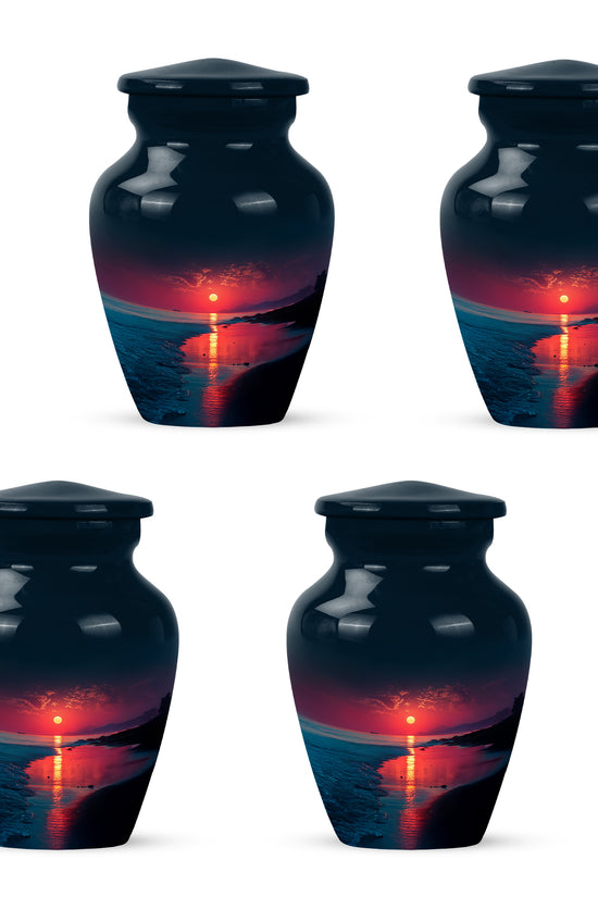 Cobalt Blue Beach Cremation Urn side profile showing urn shape - elegant classic beach relief with fine detailing - 10 inch aluminum urn for cremated remains