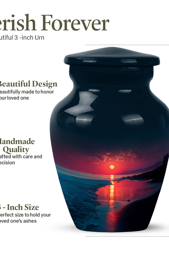 Sapphire Blue Beach Cremation Urn close-up of engraving and surface detail - traditional beach engraving with hand-polished finish - mini keepsake memorial for portion of cremation ashes