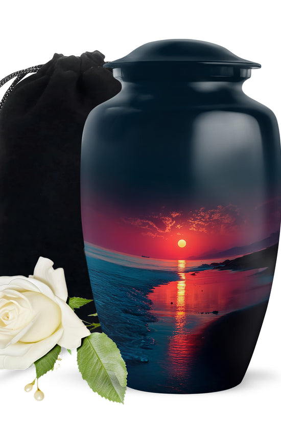 Serene Blue Beach Cremation Urn angled view of lid and engraved motif - elegant classic beach relief with fine detailing - full-size 10 inch 200 cubic inch adult cremation urn