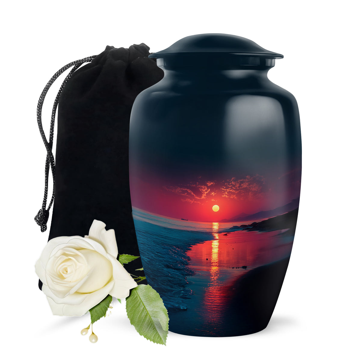 Serene Blue Beach Cremation Urn angled view of lid and engraved motif - elegant classic beach relief with fine detailing - full-size 10 inch 200 cubic inch adult cremation urn