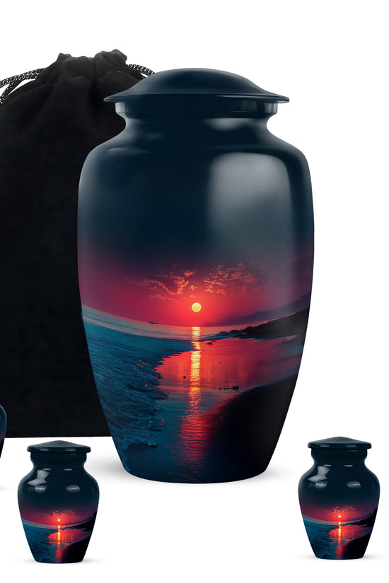 Azure Beach Cremation Urn top-down view of secure threaded lid - classic sculpted beach pattern on smooth aluminum - memorial set with one large and four small urns