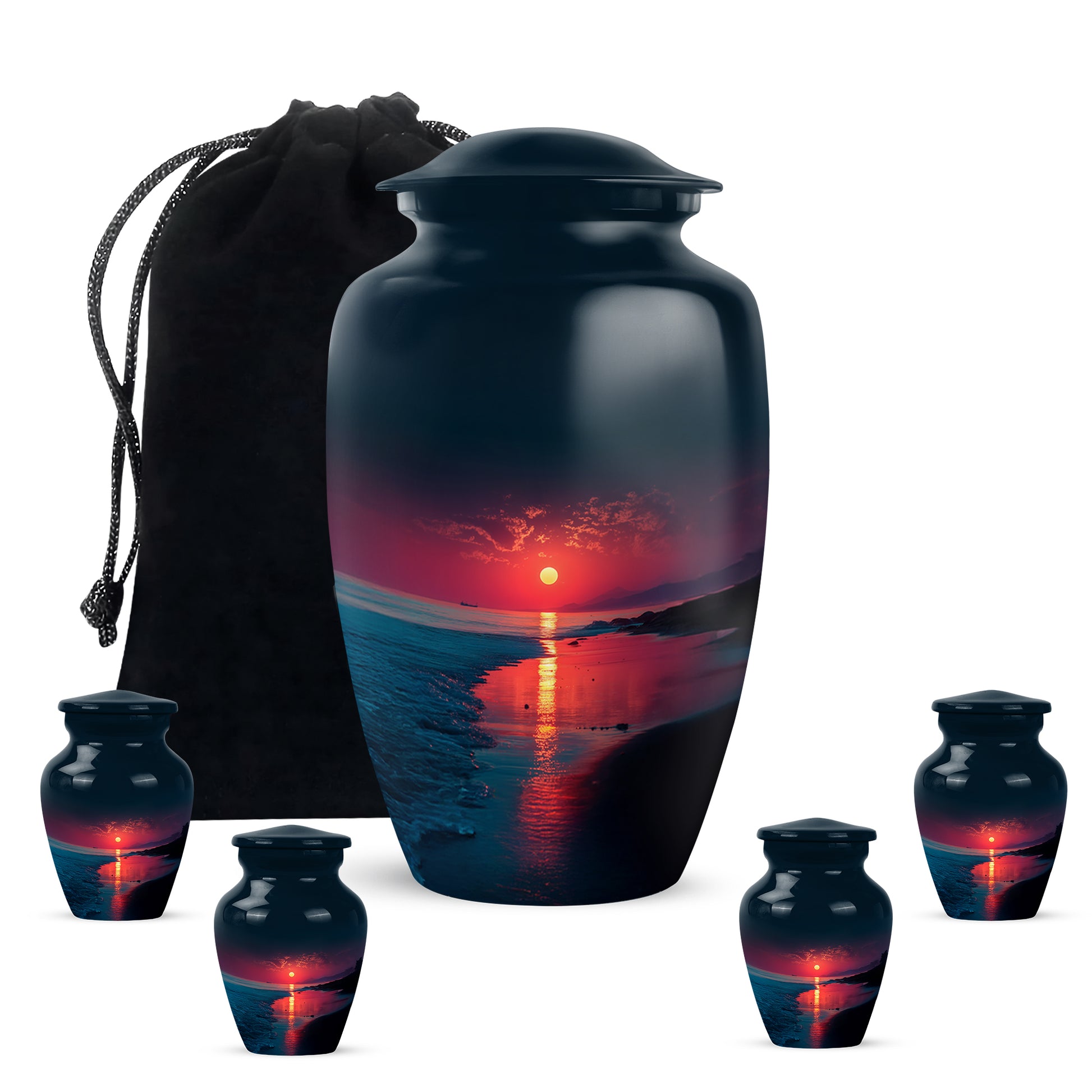 Azure Beach Cremation Urn top-down view of secure threaded lid - classic sculpted beach pattern on smooth aluminum - memorial set with one large and four small urns