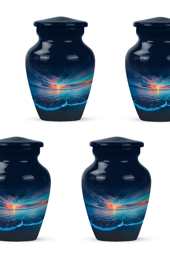 Celestial Blue Beach Cremation Urn side profile showing urn shape - timeless beach motif etched into premium metal - 10 inch aluminum urn for cremated remains
