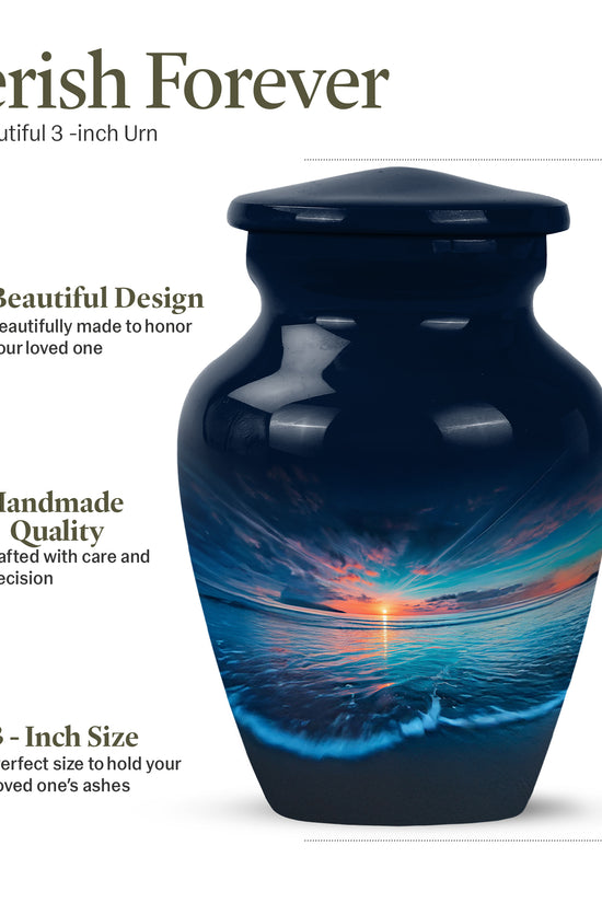 Sapphire Blue Beach Cremation Urn close-up of engraving and surface detail - traditional beach engraving with hand-polished finish - mini keepsake memorial for portion of cremation ashes