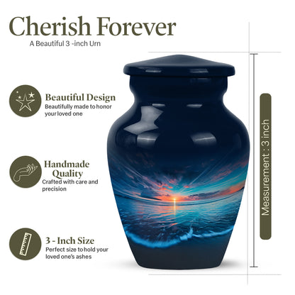 Sapphire Blue Beach Cremation Urn close-up of engraving and surface detail - traditional beach engraving with hand-polished finish - mini keepsake memorial for portion of cremation ashes