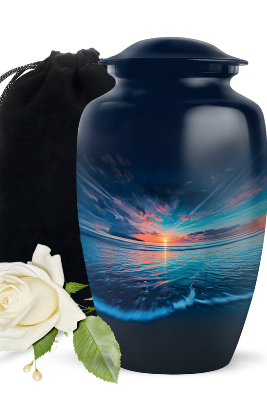 Royal Blue Beach Cremation Urn angled view of lid and engraved motif - traditional beach engraving with hand-polished finish - full-size 10 inch 200 cubic inch adult cremation urn