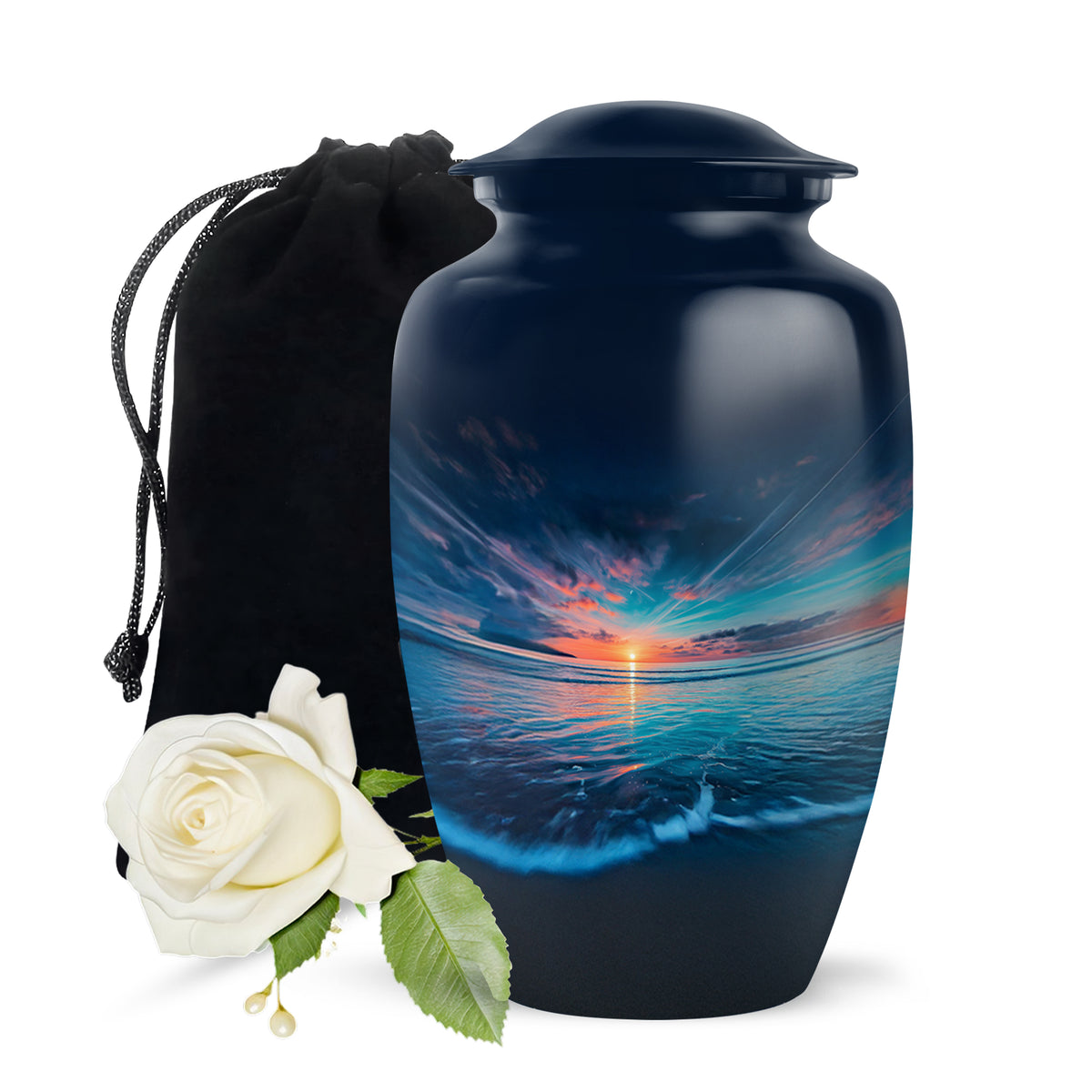 Royal Blue Beach Cremation Urn angled view of lid and engraved motif - traditional beach engraving with hand-polished finish - full-size 10 inch 200 cubic inch adult cremation urn
